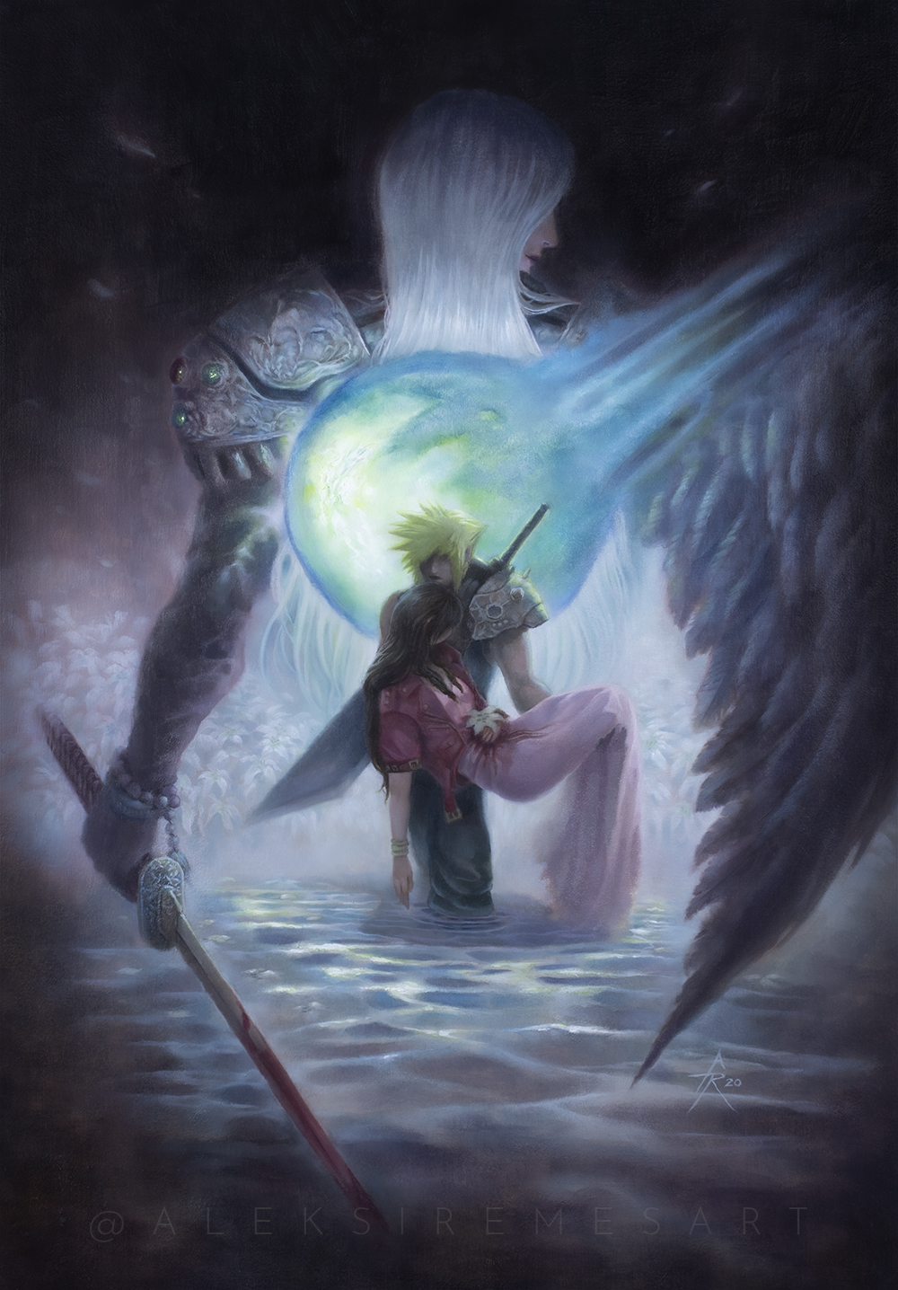 1girl, 2boys, aerith_gainsborough, aleksi_remes, armor, back, bead_bracelet, beads, black_coat, black_gloves, black_pants, black_wings, blonde_hair, blood, blood_on_clothes, bloody_weapon, bracelet, brown_hair, buster_sword, carrying, cloud_strife, coat, corpse, covered_face, cropped_jacket, death, dress, emblem, feathered_wings, final_fantasy, final_fantasy_vii, final_fantasy_vii_remake, flower, forgotten_city, from_behind, gem, gloves, gold_bracelet, green_gem, highres, holding, holding_flower, holding_sword, holding_weapon, implied_murder, jacket, jewelry, katana, lily_(flower), logo, long_hair, long_sleeves, looking_back, masamune_(ff7), materia, multiple_boys, pants, pink_dress, planet, princess_carry, red_jacket, sephiroth, shaded_face, shinra_infantry_uniform, short_hair, short_sleeves, shoulder_armor, shoulder_pads, single_shoulder_pad, single_wing, sleeveless, sleeveless_turtleneck, spiked_hair, sword, turtleneck, wading, water, weapon, white_hair, wings