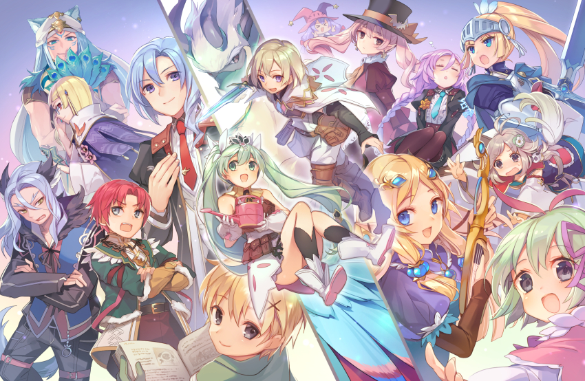 6+boys, 6+girls, :d, antennae, armor, arthur_(rune_factory), bishnal_(rune_factory), black_jacket