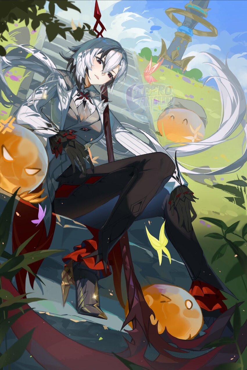 1girl, arlecchino_(genshin_impact), black_eyes, black_hair, black_pants, coat, crimson_moon's_semblance_(genshin_impact), genshin_impact