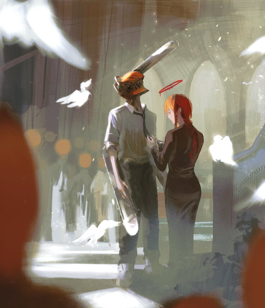 1boy, 1girl, arch, black_necktie, black_pants, blood, blood_halo, blurry