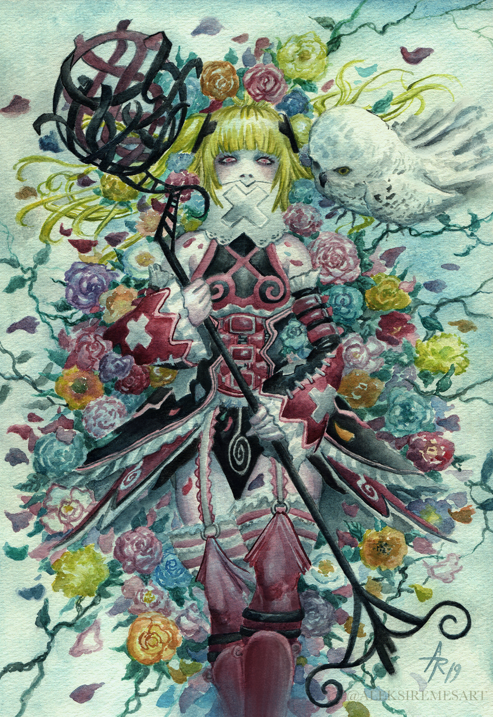 1girl, aleksi_remes, animal, bird, black_dress, black_sleeves, blonde_hair, blunt_bangs