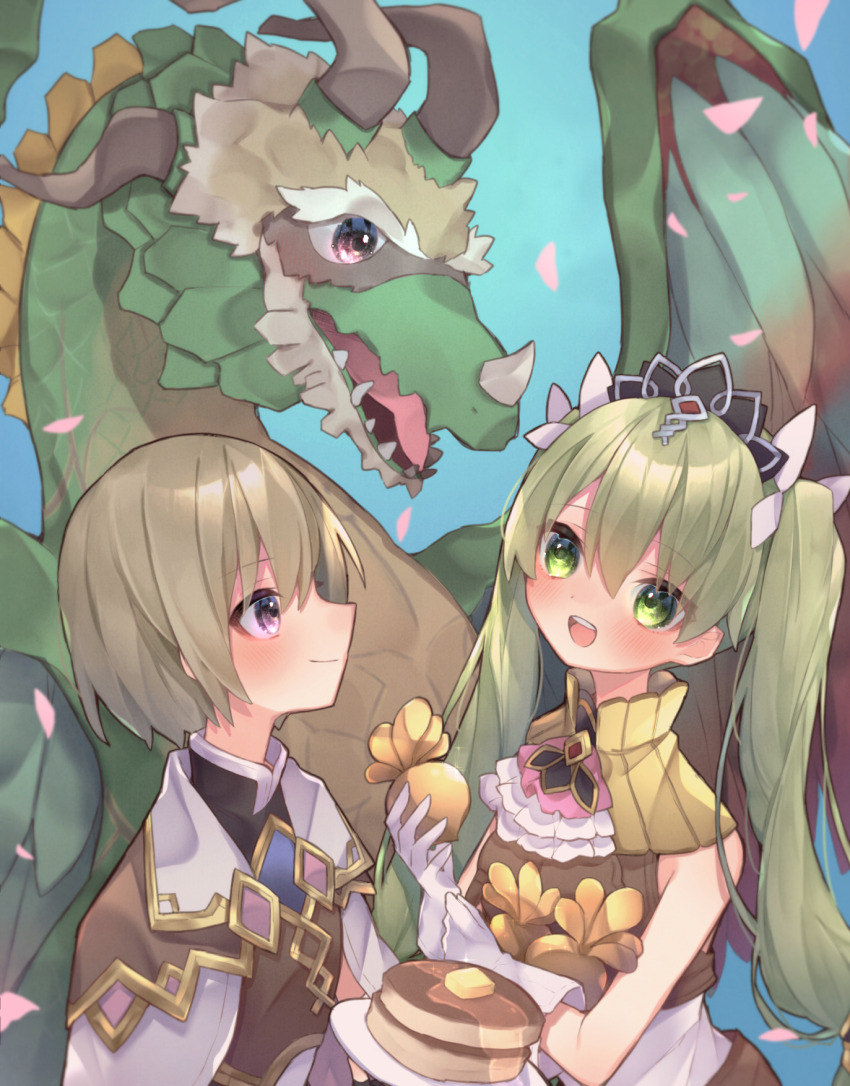 1boy, 1girl, :d, animal, blonde_hair, blue_background, blush, closed_mouth