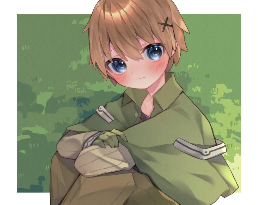 1boy, blonde_hair, blue_eyes, border, capelet, closed_mouth, collared_capelet, commentary_request