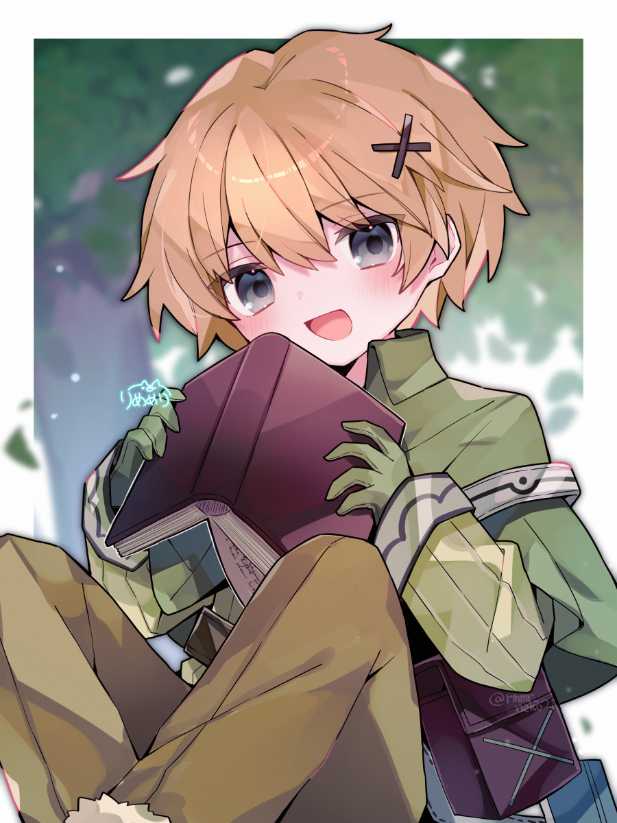 1boy, :d, blonde_hair, blurry, blurry_background, blush, book, border