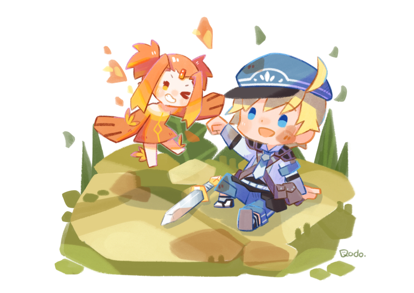 >_o, 1boy, :d, absurdres, ares_(rune_factory), blonde_hair, blue_eyes, blue_hat, blue_pants, chibi, collared_shirt, commentary_request, dirty, dirty_clothes, dodo_(dodo8000008), elemental_(creature), fire, fire_elemental, full_body, grass, hat, highres, long_sleeves, necktie, newsboy_cap, one_eye_closed, open_mouth, pants, rune_factory, rune_factory_5, shirt, short_hair, sitting, smile, sword, weapon, white_shirt