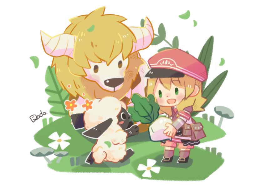 1girl, :d, absurdres, alice_(rune_factory), animal, blonde_hair, bull, newsboy_cap, chibi, chibi_only, commentary_request, dodo_(dodo8000008), flower, food, full_body, grass, green_eyes, hat, highres, holding, holding_food, holding_vegetable, leaf, long_hair, long_sleeves, mokomoko_(rune_factory), open_mouth, red_hat, rune_factory, rune_factory_5, sheep, smile, standing, turnip, vegetable, white_flower