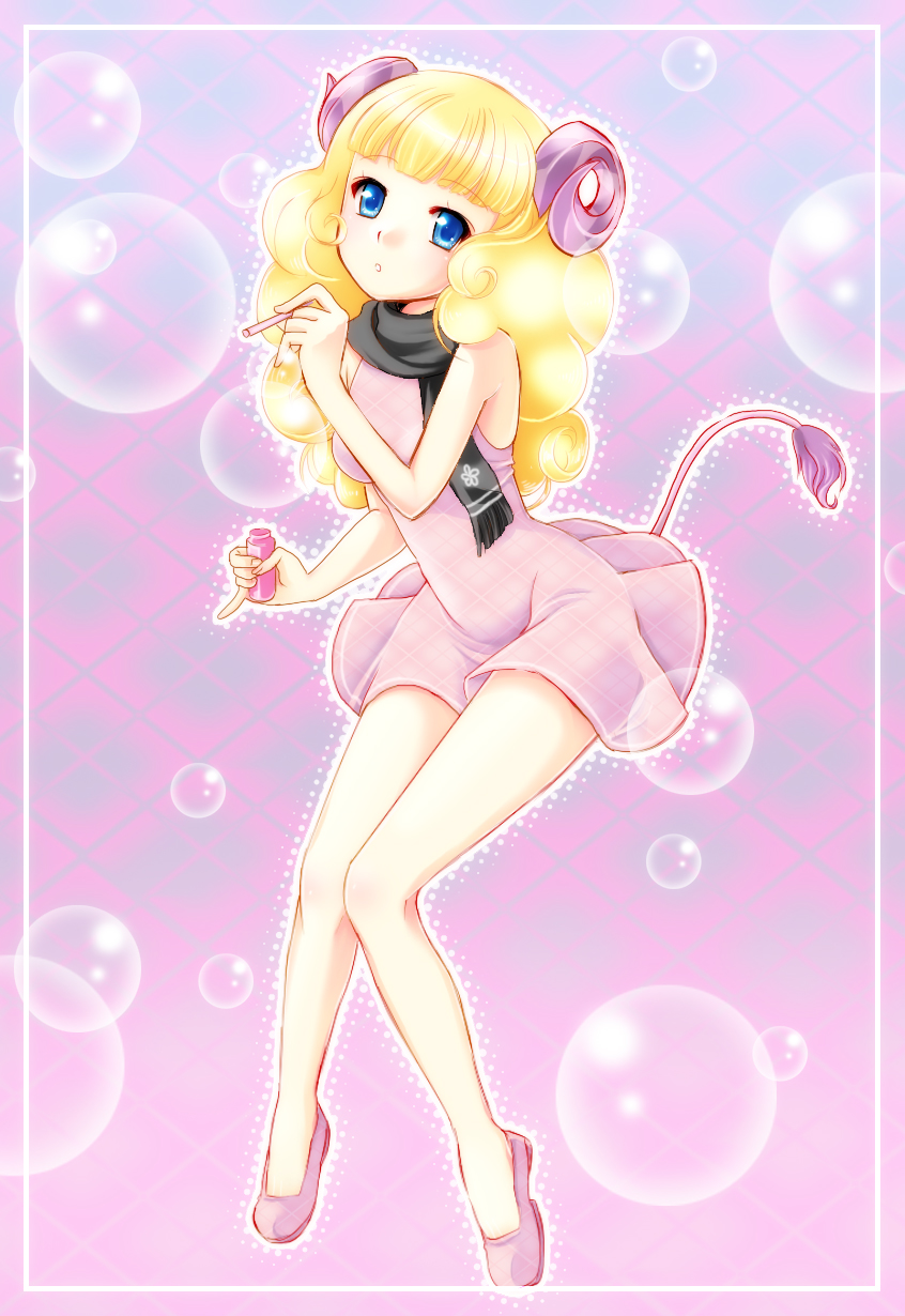 animal_crossing, blonde_hair, blue_eyes, blunt_bangs, bubble, dress, highres, horns, long_hair, looking_at_viewer, nintendo, open_mouth, personification, scarf, sheep, sleeveless, sleeveless_dress, tail, willow_(animal_crossing)