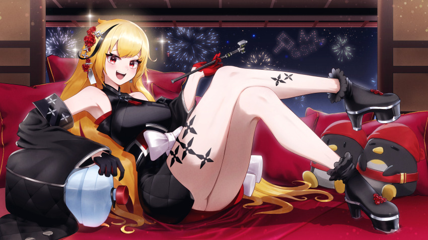 1girl, absurdres, ass, bird, black_gloves, black_kimono, blonde_hair, couch