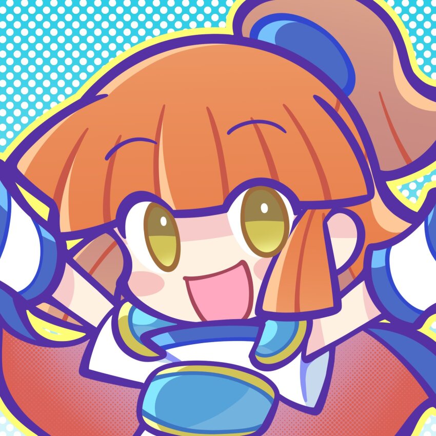 1girl, aqua_background, arle_nadja, armor, arms_up, blue_scrunchie, blunt_bangs, blunt_ends