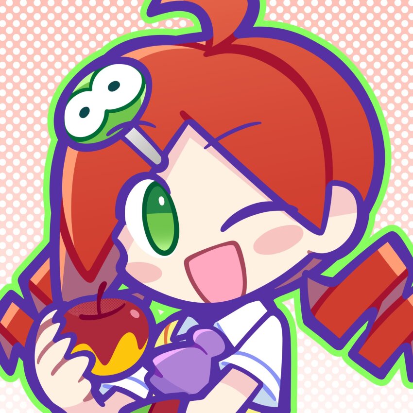 1girl, :d, ahoge, andou_ringo, apple, armband, blush_stickers, character_hair_ornament