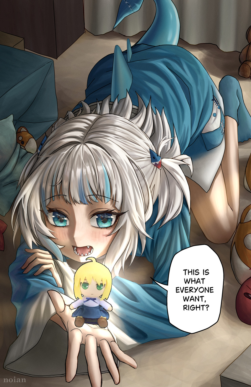 2girls, absurdres, artoria_pendragon_(fate), blue_eyes, blue_socks, character_doll, crossover, doll, english_text, fate/stay_night, fate_(series), fins, fish_tail, full_body, gawr_gura, gawr_gura_(1st_costume), highres, hololive, hololive_english, indoors, multicolored_hair, multiple_girls, no_shoes, noian_saber, open_mouth, saber_(fate), self-upload, shark_girl, shark_tail, sharp_teeth, socks, speech_bubble, streaked_hair, tail, teeth, two_side_up, virtual_youtuber, white_hair