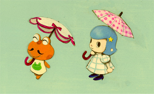 animal_crossing, blue_hair, cousteau_(animal_crossing), facial_hair, frog, mustache, nintendo, umbrella, villager_(animal_crossing)