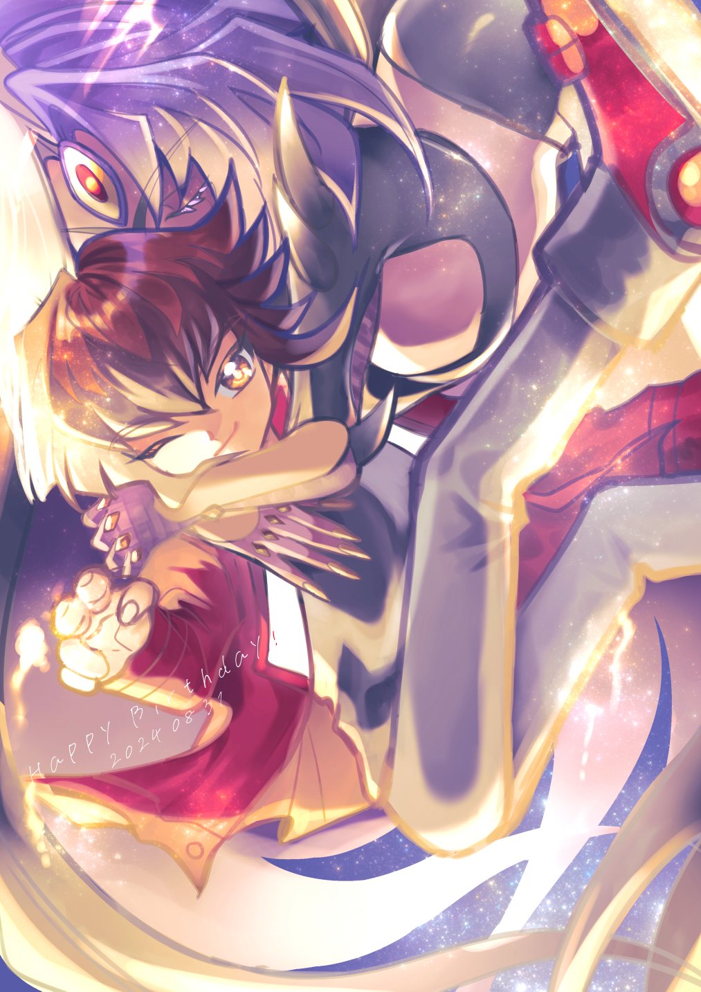 1boy, 1girl, black_shirt, brown_eyes, brown_hair, duel_academy_uniform_(yu-gi-oh!_gx), highres, hug