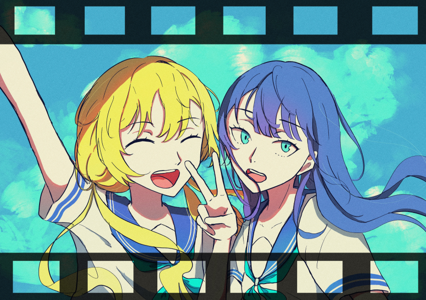 2girls, ^_^, absurdres, ado_(utaite), aoi_(ado), aqua_neckerchief, arm_up, blonde_hair