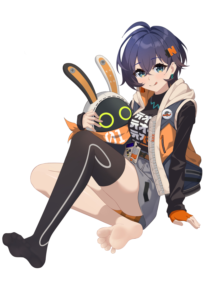 1girl, absurdres, barefoot, belle_(zenless_zone_zero), black_hair, black_thighhighs, blue_eyes, feet