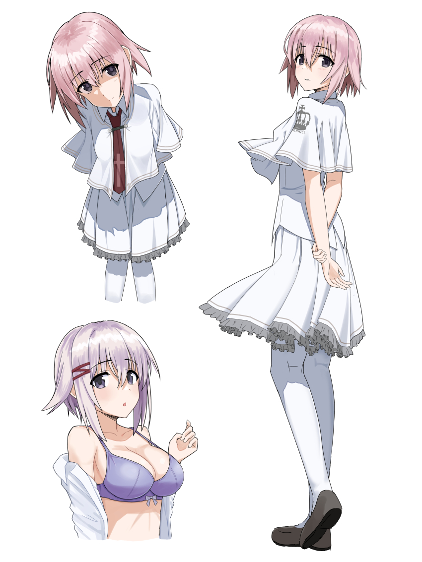 1girl, absurdres, arms_behind_back, bare_shoulders, blush, bra, breasts, capelet