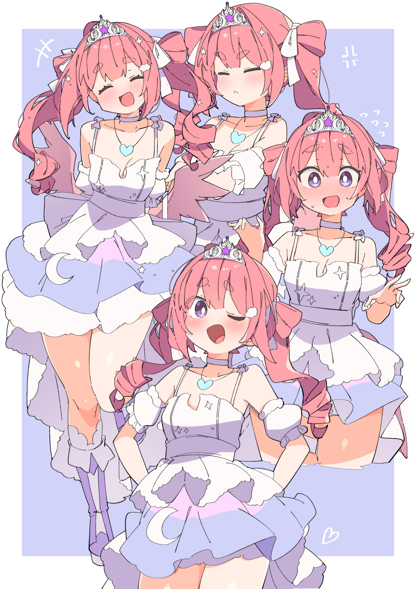 1girl, absurdres, blush, choker, detached_sleeves, dress, drill_hair, hair_ornament, heart_collar, highres, kirispica, multiple_views, pink_hair, tiara, uruti_2388, v-dere, virtual_youtuber, white_dress