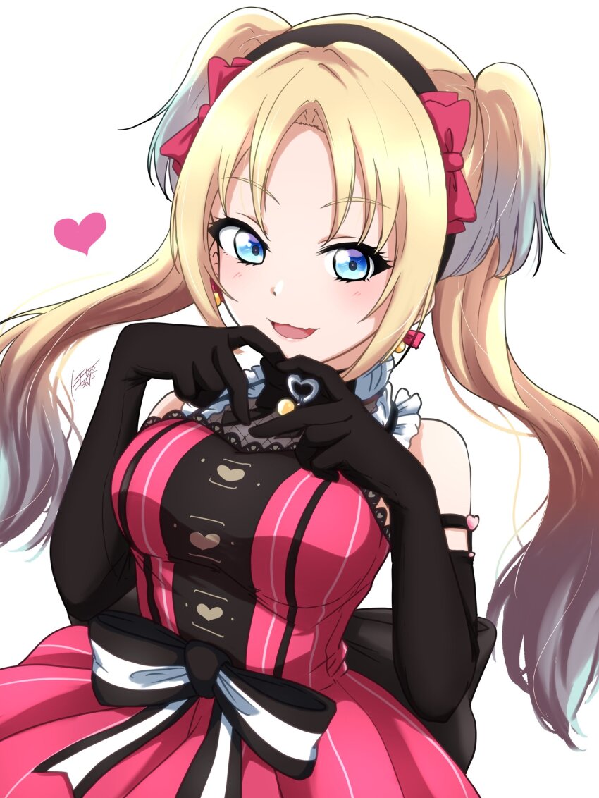 1girl, four-finger_heart_hands, :3, :d, arm_garter, back_bow, black_bow, black_gloves