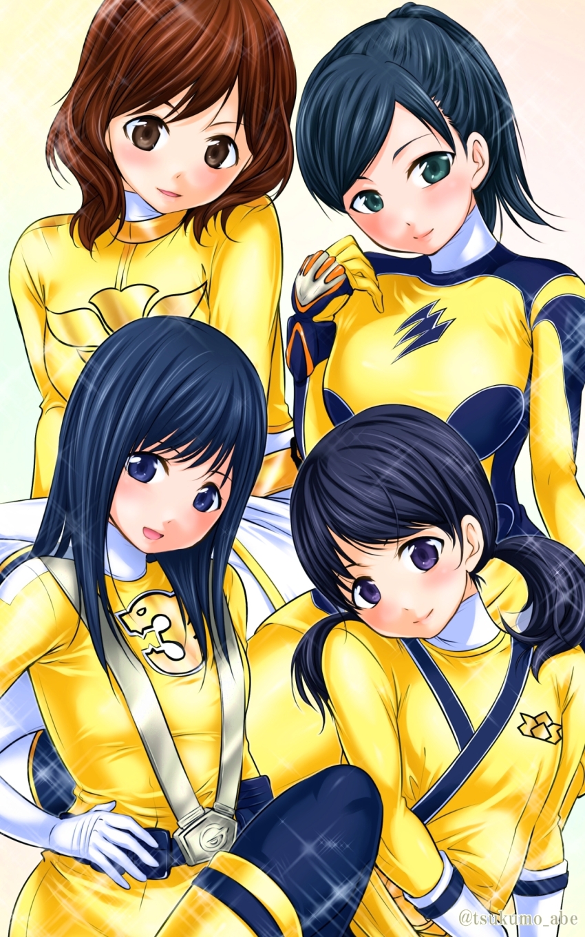 4girls, abe_tsukumo, animification, belt, black_hair, black_pantyhose, blue_eyes, blush