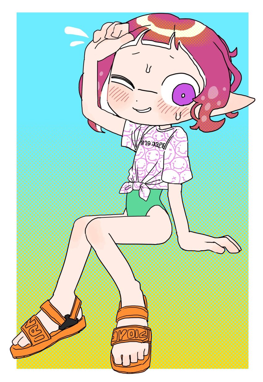 1girl, arm_support, blush, crop_top, feet, flat_chest, flying_sweatdrops, gradient_background