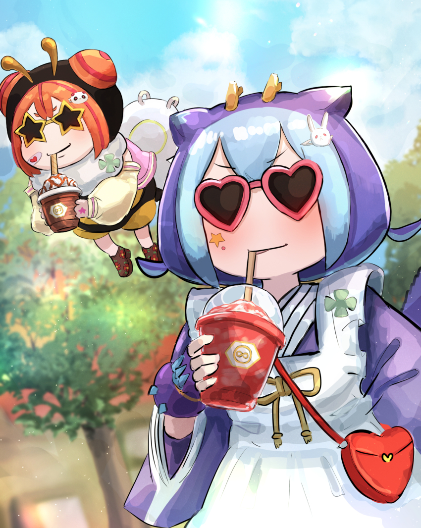 2girls, apron, arthropod_girl, bee_girl, blue_hair, blue_kimono, dragon_girl, dragon_horns, drinking, drinking_straw, duel_monster, hatano_kiyoshi, heart, heart-shaped_eyewear, highres, horns, insect_girl, japanese_clothes, kimono, laundry_dragonmaid, maid, maid_apron, multiple_girls, orange_hair, smile, smoothie, wa_maid, wannabee!, yu-gi-oh!