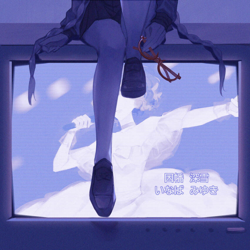 absurdres, black_footwear, braid, crt, dress, head_out_of_frame, highres, holding