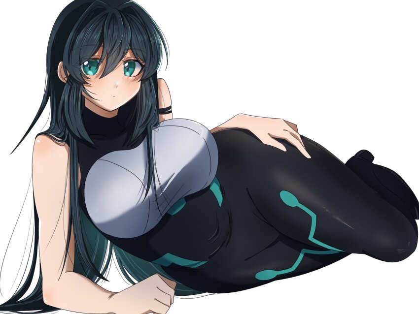1girl, black_bodysuit, black_hair, blush, bodysuit, breasts, green_eyes, gundam