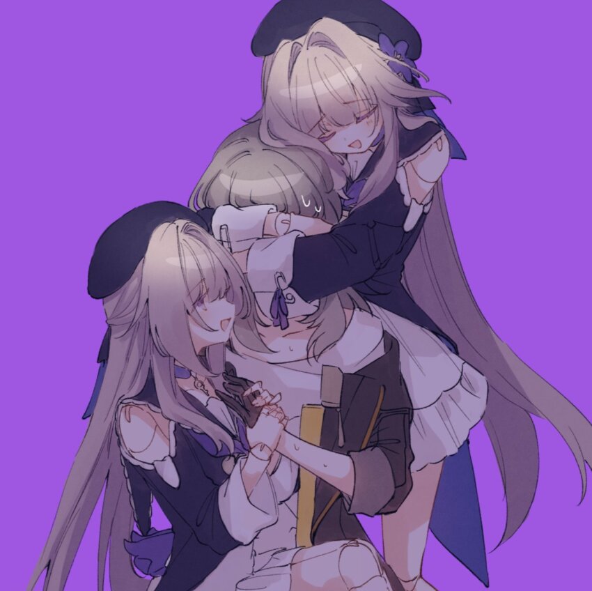 3girls, black_dress, black_gloves, black_hat, black_jacket, brown_hair, choker, clone