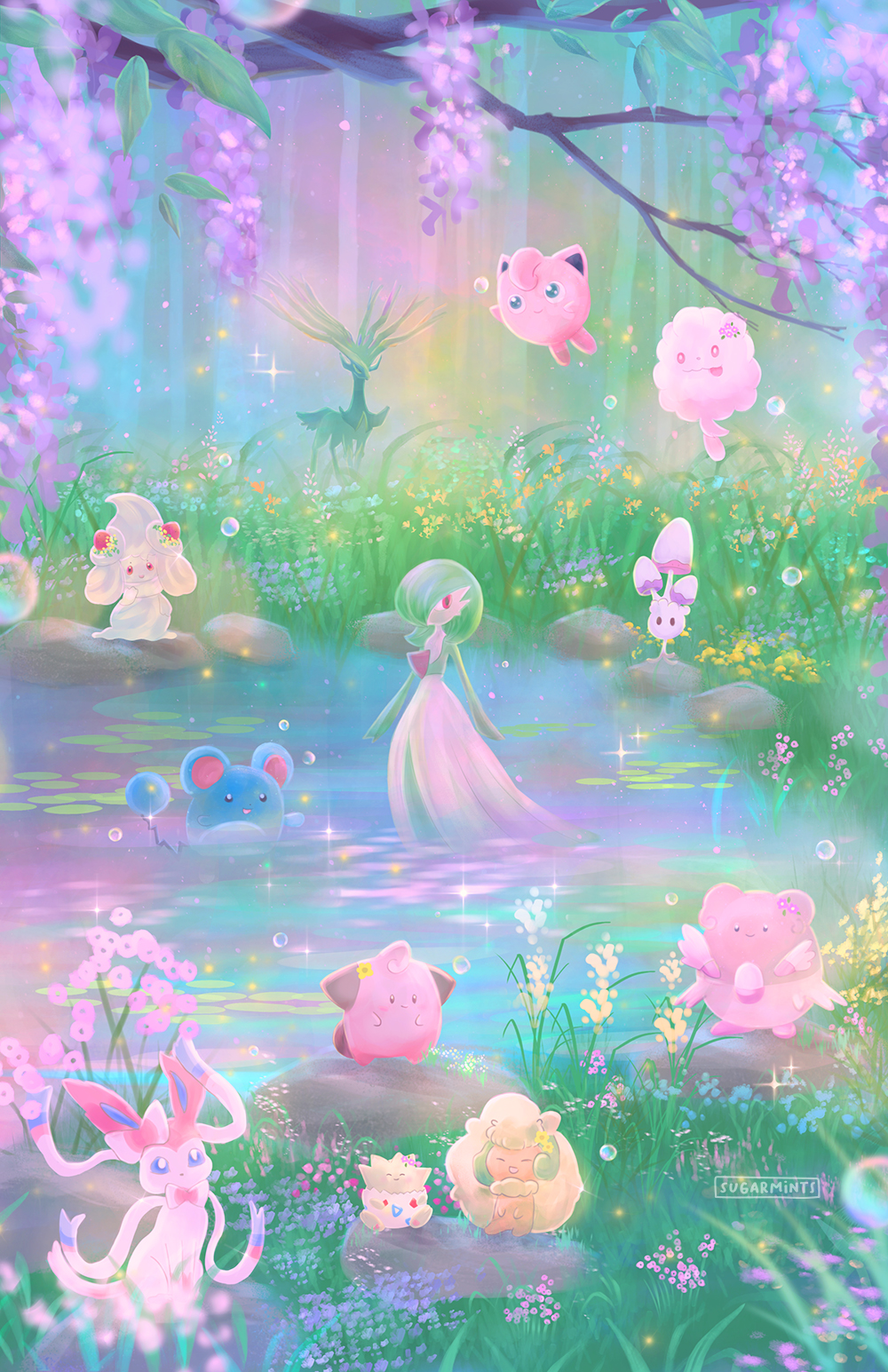 alcremie, alcremie_(strawberry_sweet), antlers, artist_name, black_eyes, blissey, bow, bowtie