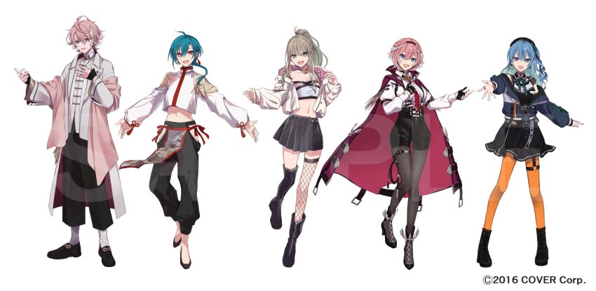 1boy, 1other, 3girls, :d, ahoge, androgynous, antenna_hair, ascot