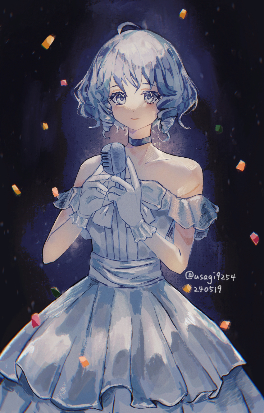 1girl, absurdres, bare_shoulders, black_choker, blue_background, choker, collarbone, confetti