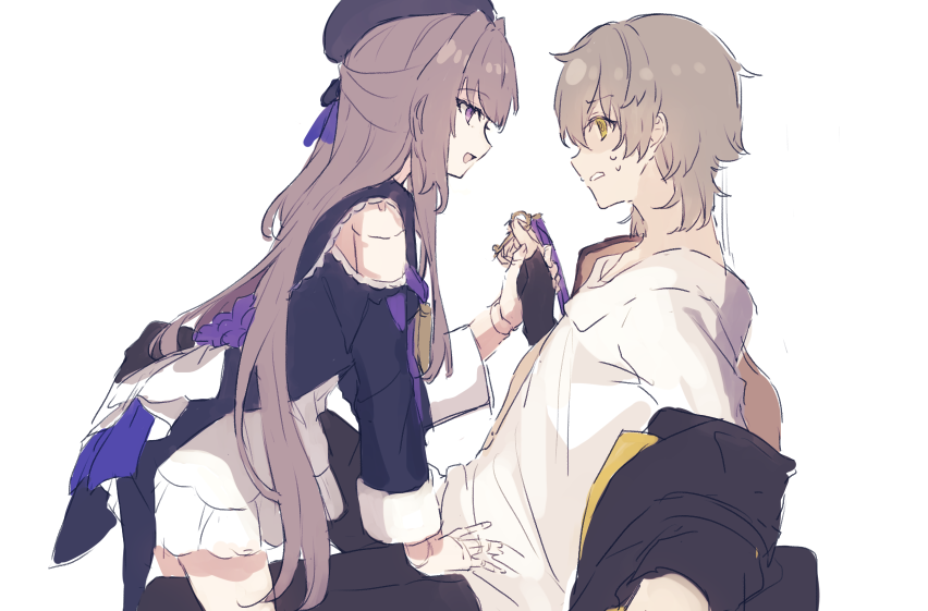 1boy, 1girl, assertive_female, black_dress, black_gloves, black_hat, black_jacket, brown_hair