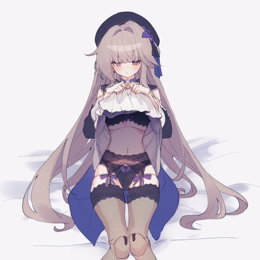 1girl, beret, black_bra, black_hat, black_panties, bra, breasts, brown_hair, brown_thighhighs, clothes_lift, doll_joints, dress, dress_lift, flower, garter_belt, genshou_ex, hair_flower, hair_ornament, hat, herta_(puppet)_(honkai:_star_rail), highres, honkai:_star_rail, honkai_(series), joints, lace, lace_panties, lifting_own_clothes, lingerie, long_hair, looking_at_viewer, navel, panties, purple_eyes, sitting, small_breasts, solo, stomach, thighhighs, underwear
