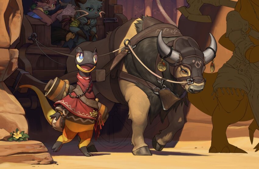 :<, animal_nose, armband, axe, black_skin, blue_eyes, blue_fur, bridle