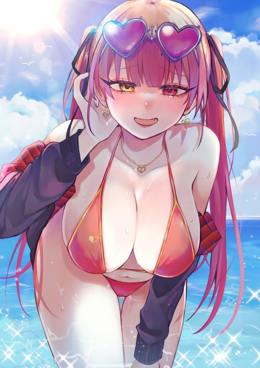 1girl, bare_shoulders, beach, bent_over, bikini, black_jacket, blush, breasts, cloud, collarbone, commentary_request, eyewear_on_head, heterochromia, highres, hololive, houshou_marine, houshou_marine_(summer), jacket, lami_rin, large_breasts, long_hair, ocean, off_shoulder, official_alternate_costume, purple-tinted_eyewear, red_bikini, red_eyes, red_hair, solo, sunglasses, sunlight, swimsuit, tinted_eyewear, twintails, virtual_youtuber, yellow_eyes