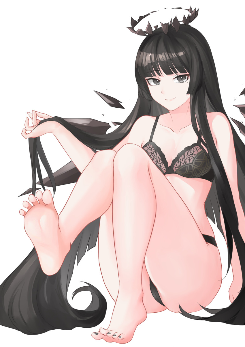 1girl, arknights, ass, bare_legs, bare_shoulders, black_bra, black_eyes, black_hair, black_halo, black_panties, blunt_bangs, bra, breasts, bright_pupils, cameltoe, chinese_commentary, closed_mouth, collarbone, commentary_request, feet, full_body, hair_lift, halo, hand_in_own_hair, hand_up, highres, leg_up, legs, long_hair, looking_at_viewer, medium_breasts, mole, mole_under_eye, neti_(cpu11151), panties, presenting_foot, simple_background, sitting, smile, soles, solo, toes, underwear, underwear_only, virtuosa_(arknights), white_background, white_pupils