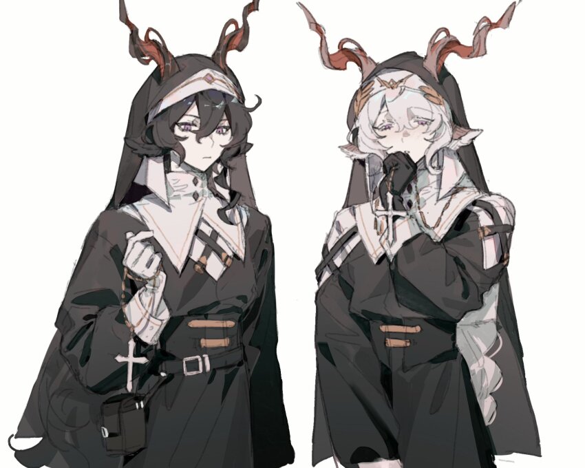 2boys, :|, alternate_costume, androgynous, animal_ears, arknights, belt, belt_buckle, belt_pouch, black_belt, black_capelet, black_dress, black_gloves, black_hair, braid, buckle, capelet, closed_mouth, commentary, cowboy_shot, cross, crossdressing, crossdressing_(mtf), dress, ebenholz_(arknights), english_commentary, expressionless, gloves, goat_boy, goat_ears, goat_horns, habit, hair_between_eyes, hand_on_own_chin, highres, holding, holding_cross, horns, horns_through_headwear, kreide_(arknights), long_hair, long_sleeves, looking_at_viewer, male_focus, moomsaw, multiple_boys, nun, nun_headdress, parted_lips, pouch, purple_eyes, rosary, simple_background, single_braid, standing, traditional_nun, wavy_hair, white_background, white_gloves, white_hair