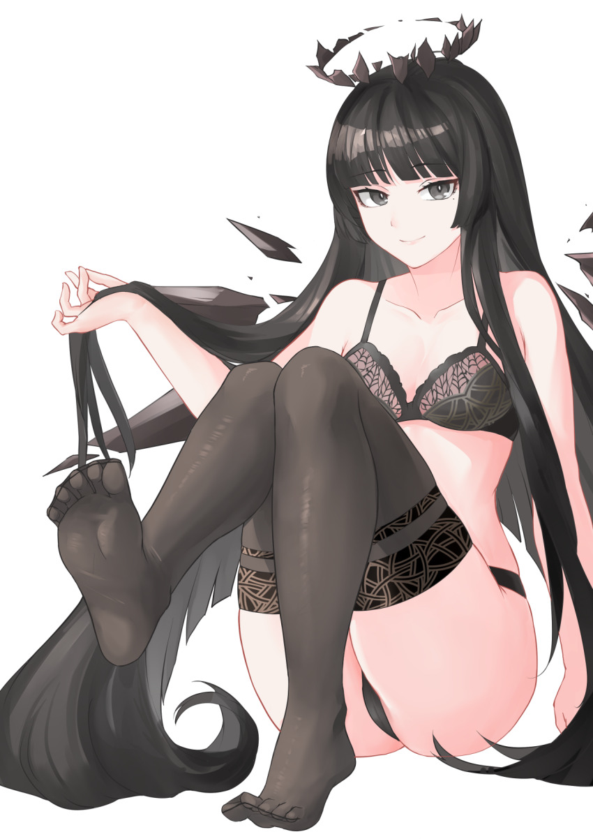 1girl, arknights, ass, bare_shoulders, black_bra, black_eyes, black_hair, black_halo