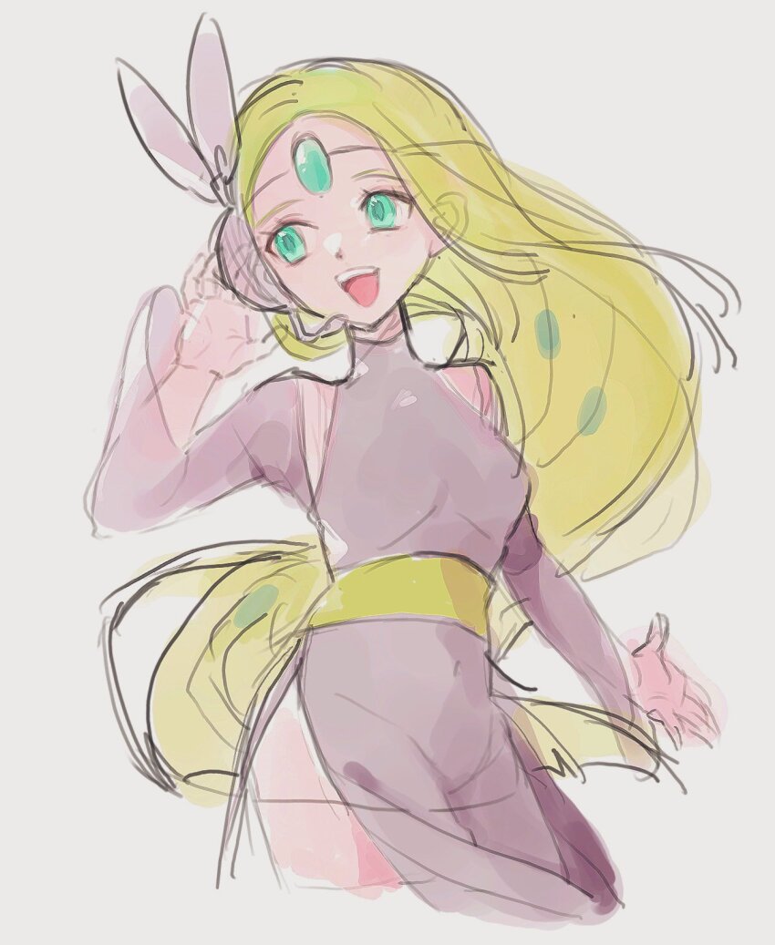 1girl, :d, aqua_eyes, breasts, circlet, covered_navel, cowboy_shot, cropped_legs