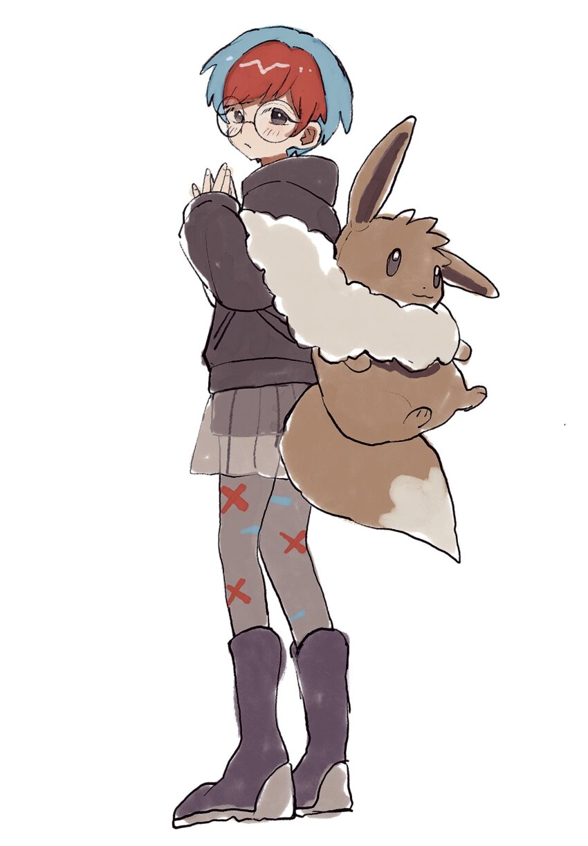 1girl, backpack, bag, black_eyes, black_hoodie, black_shorts, blue_hair, boots, closed_mouth, eevee, fingernails, frown, fukuzawa_(huku486), full_body, gen_1_pokemon, glasses, grey_pantyhose, hands_up, highres, hood, hood_down, hoodie, light_blue_hair, long_sleeves, miniskirt, multicolored_hair, nintendo, pantyhose, penny_(pokemon), pleated_skirt, pokemon, pokemon_scarlet_and_violet, purple_boots, red_hair, round_eyewear, see-through_clothes, see-through_skirt, short_hair, shorts, shorts_under_skirt, simple_background, skirt, solo, standing, two-tone_hair, very_short_hair, white_background