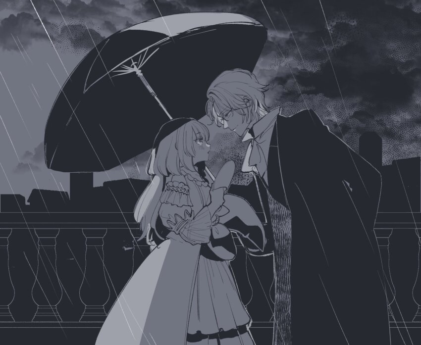 1boy, 1girl, arm_behind_back, ascot, bare_shoulders, bespectacled, blunt_bangs, blush, braid, closed_mouth, clothing_cutout, cloud, coat, coto_notte, couple, curtained_hair, dress, eye_contact, feet_out_of_frame, from_side, glasses, greyscale, hat, height_difference, heroine_(lovebrush_chronicles), hetero, highres, holding, holding_umbrella, holding_unworn_clothes, holding_unworn_hat, lars_rorschach, lars_rorschach_(midnight_epilogue), leaning_forward, long_hair, long_sleeves, looking_at_another, lovebrush_chronicles, monochrome, official_alternate_costume, open_clothes, open_coat, parted_bangs, parted_lips, popped_collar, profile, railing, rain, shared_umbrella, short_hair, shoulder_cutout, side_braid, smile, standing, three-quarter_sleeves, umbrella, unworn_hat, unworn_headwear, vest, witch_hat