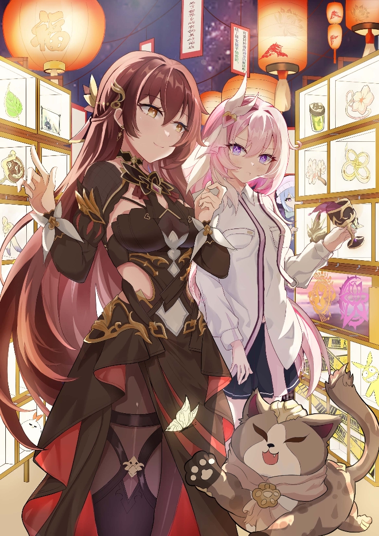 2girls, alcohol, black_dress, black_pantyhose, blue_skirt, breasts, brooch, brown_hair