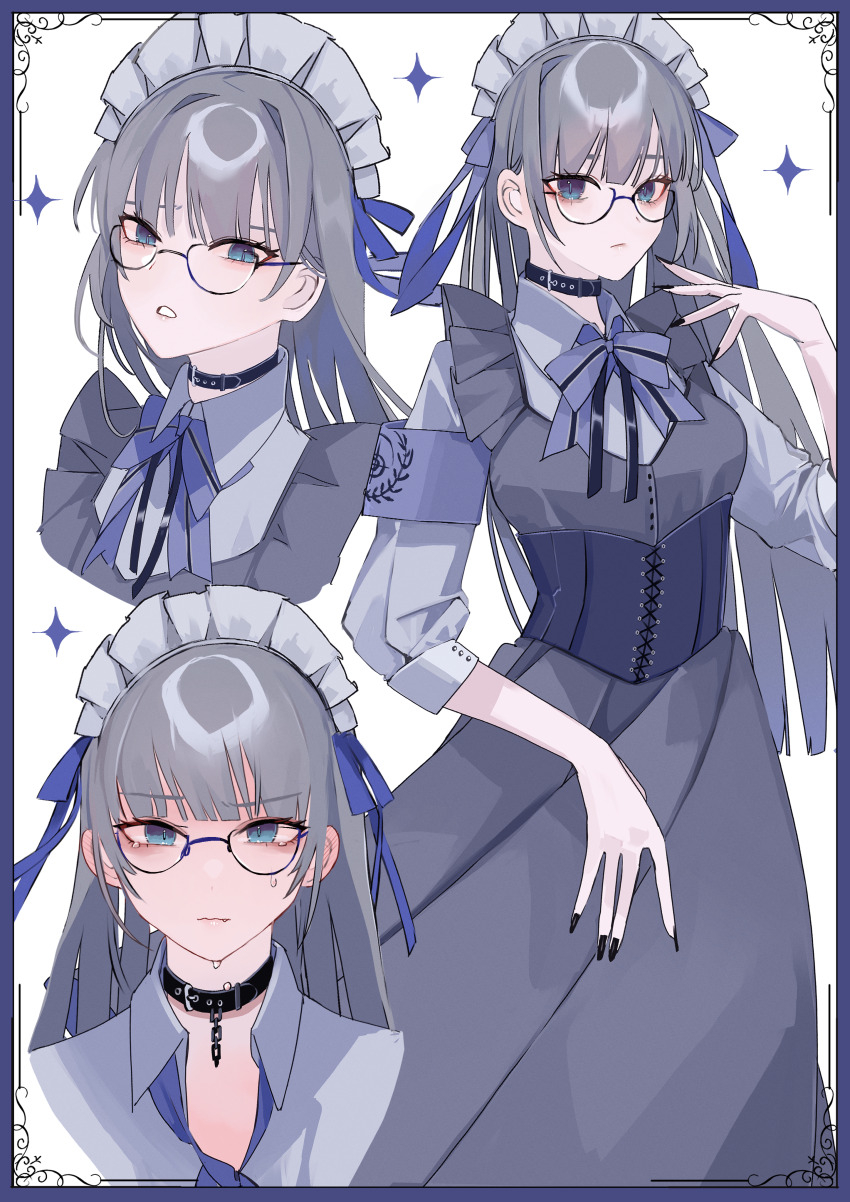1girl, absurdres, blue_eyes, blush, collar, embarrassed, glasses, grey_hair