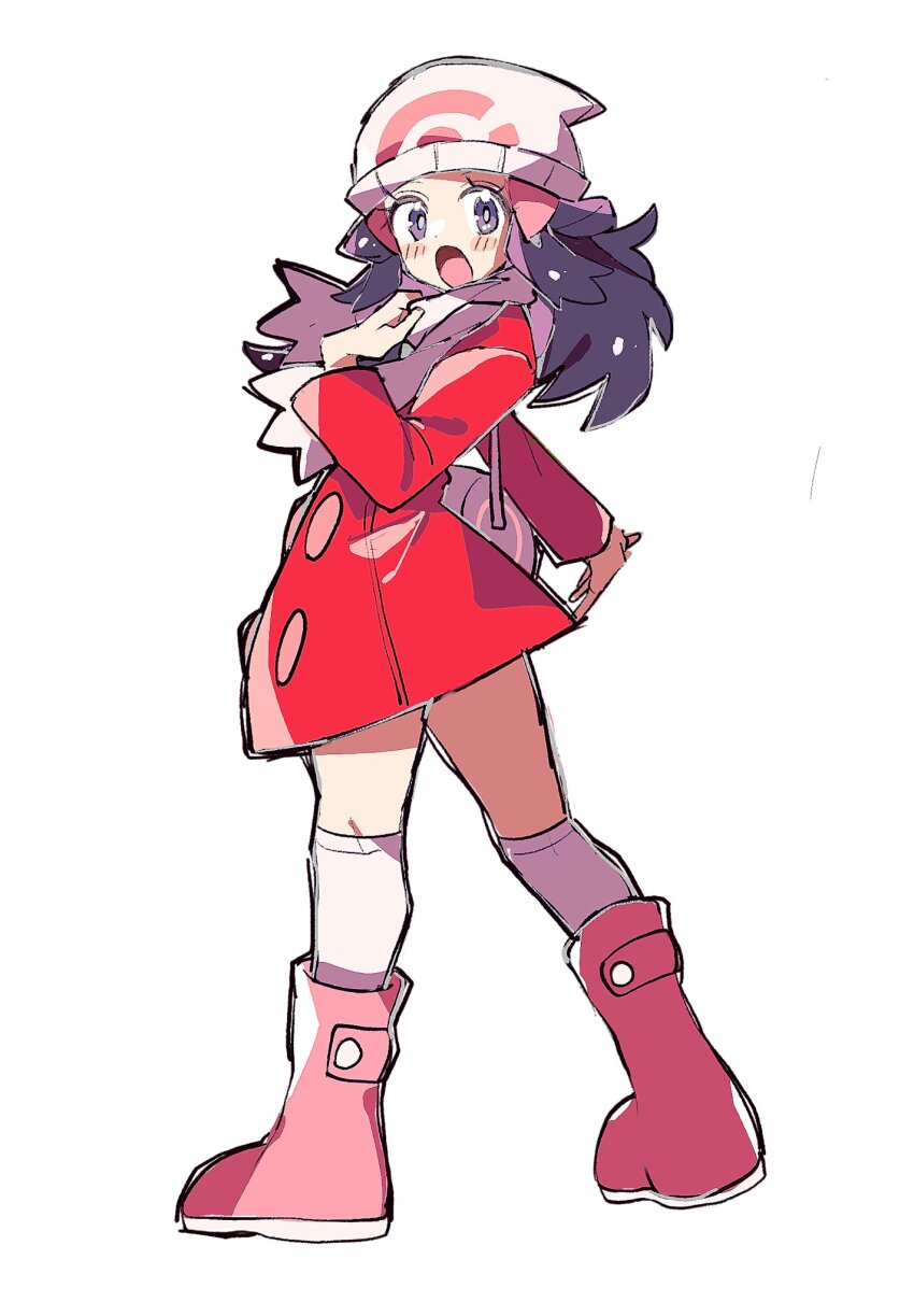 1girl, :o, bag, beanie, blue_eyes, blue_hair, boots, coat