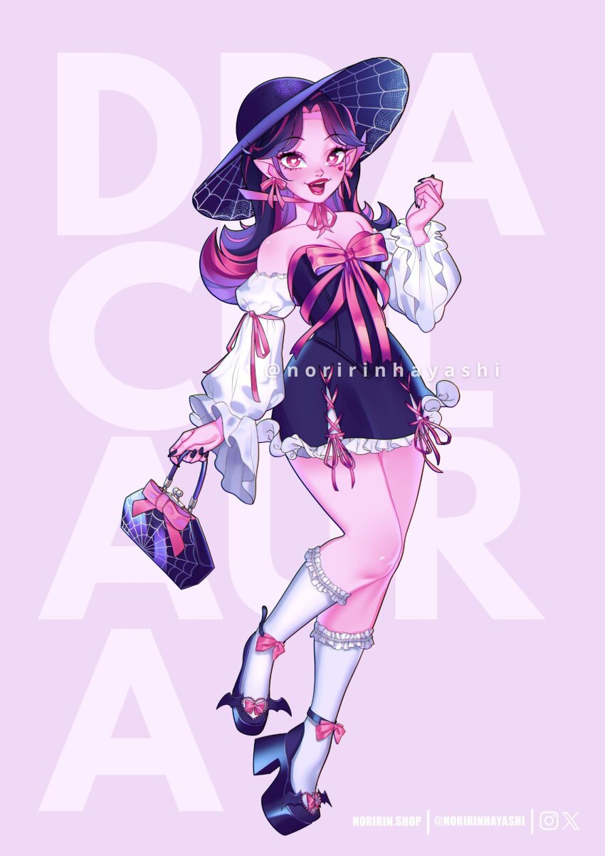 1girl, bag, black_dress, black_footwear, black_hair, black_hat, bow, breasts