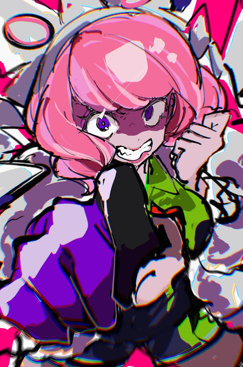 1girl, angry, breasts, clenched_hands, clenched_teeth, eyelashes, fukuzawa_(huku486), gloves