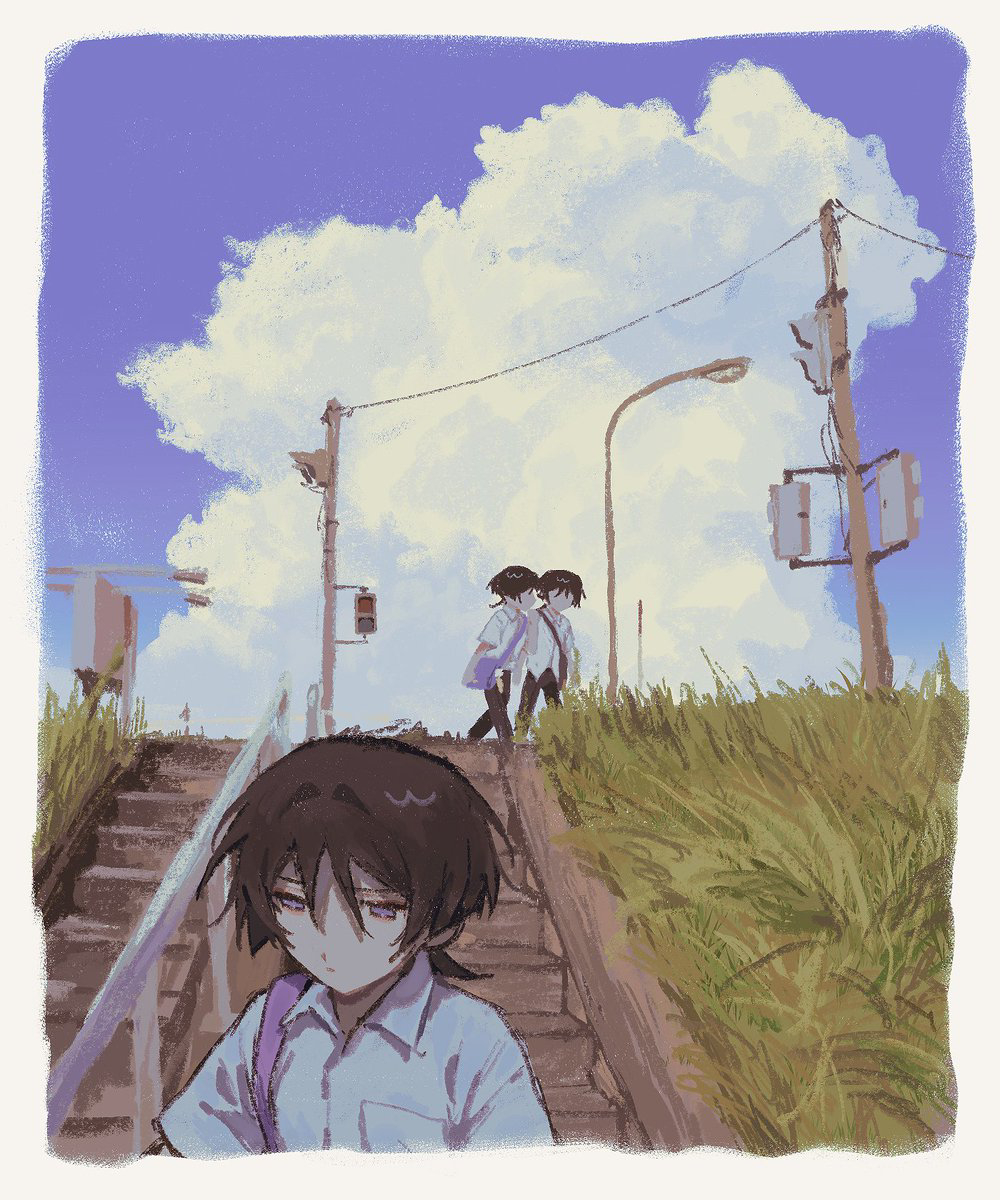 3boys, alternate_costume, alternate_universe, bag, black_hair, black_pants, blue_sky, border