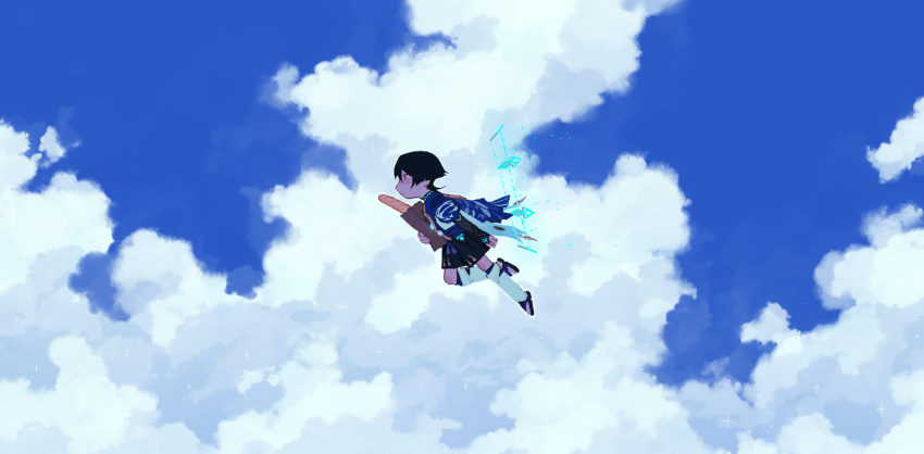 1boy, arm_at_side, bag, baguette, black_footwear, black_hair, black_shorts, blue_sky