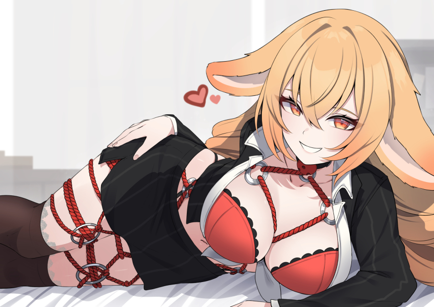 1girl, animal_ears, black_jacket, black_skirt, black_thighhighs, blonde_hair, bra, breasts, commission, hand_on_own_hip, heart, highres, jacket, large_breasts, long_hair, lop_rabbit_ears, lying, office_lady, on_side, open_clothes, open_jacket, open_shirt, orange_eyes, pencil_skirt, rabbit_ears, rabbit_girl, red_bra, shibari, shibi_cottonbum, skirt, smile, solo, thighhighs, underwear, valefal_coneri, vallure, vgen_commission, virtual_youtuber