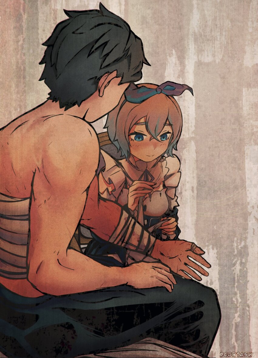 abstract_background, black_hair, blood, blue_eyes, highres, looking_at_another, natsuki_subaru, orange_hair, petra_leyte, re:zero_kara_hajimeru_isekai_seikatsu, red_ribbon, ribbon, short_hair, smile, zas_(cortashy)